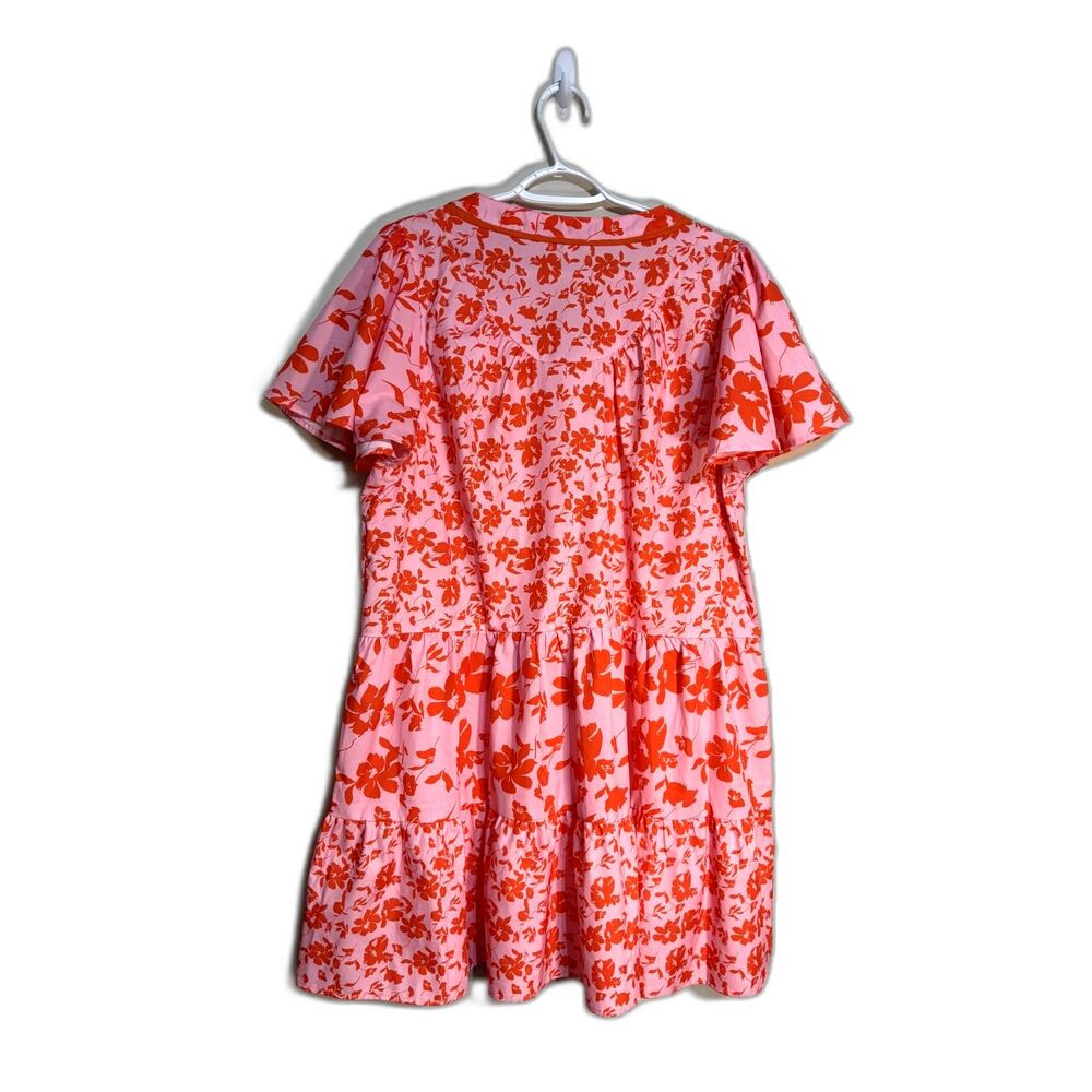Umgee Women's babydoll Mini Dress Pink Orange Floral XL tie neck Flutter sleeve - Picture 2 of 4